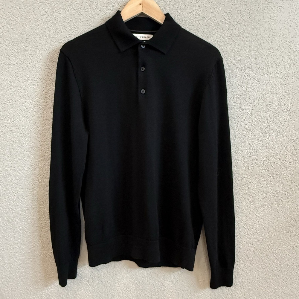 AUTOGRAPH Black Extra Fine Merino Wool Long Sleeve Polo Sweater Men's M
